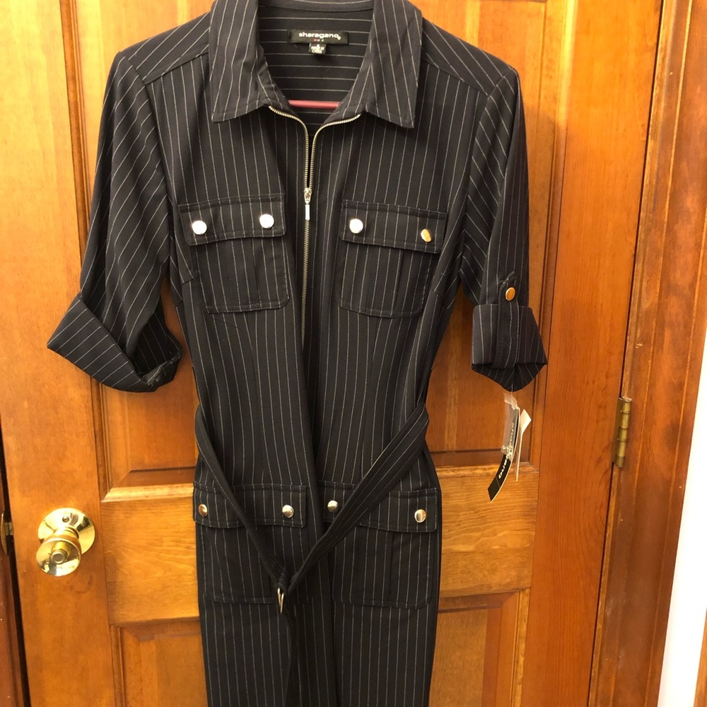 Short-sleeve shirtwaist dress with front zip and belt.